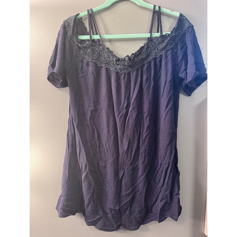 Blue Island Navy Blue Crochet Lace Cold Shoulder Strappy Rayon Top Medium